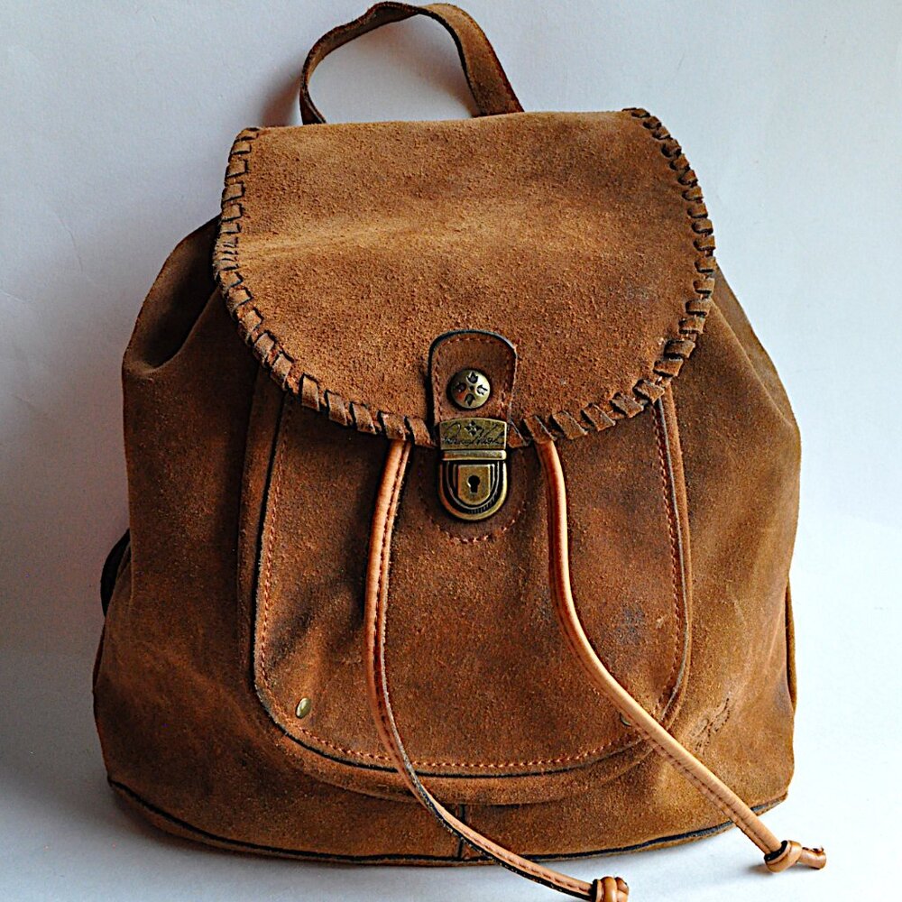Patricia Nash Casape Burnished Cognac Suede Drawstring Backpack Boho Western L
